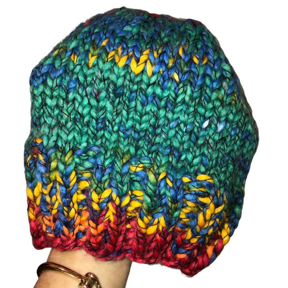 Hand Knit NEW rainbow marl knit beanie hat 8"